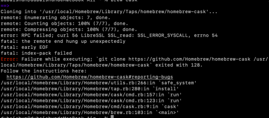 brew cask 报错error: RPC failed; curl 56 LibreSSL SSL_read: SSL_ERROR_SYSCALL, errno 54-完美源码